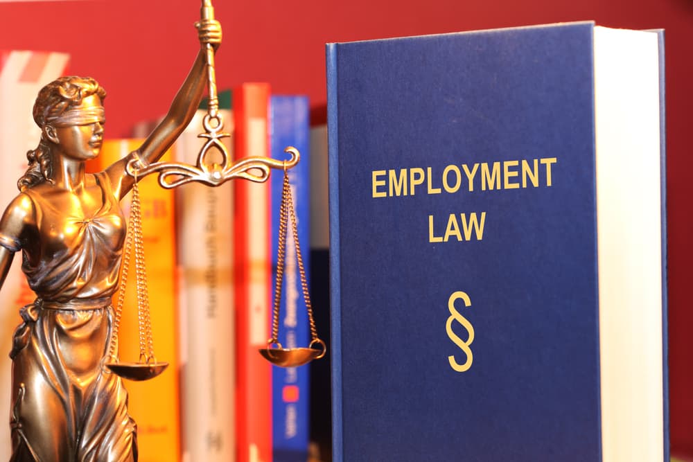Symbol image: Reference book on employment law and a statue of Justitia.






