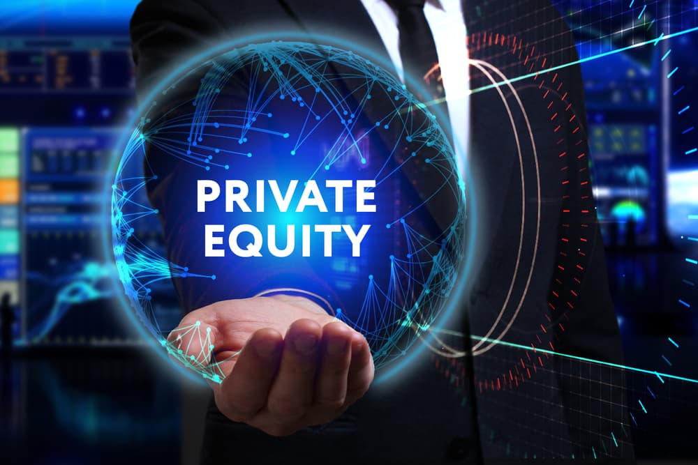 Business, technology, internet, and network concept: A young businessman operates in the future-focused field and envisions the term "private equity."