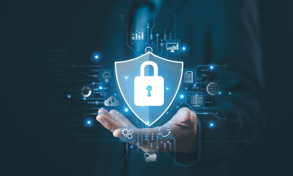 Illustration of a padlock symbolizing cybersecurity, representing protection against hacker attacks. Concept of password privacy in online systems and securing data from cybercrime and viruses.