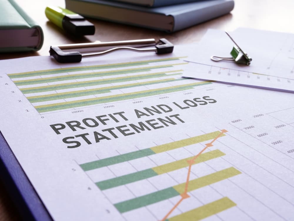 Profit and loss statement depicted with text and a photo of charts, illustrating financial data and business performance analysis.