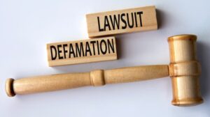 DEFAMATION LAWSUIT - words on wooden blocks on a white background with a judge's gavel.